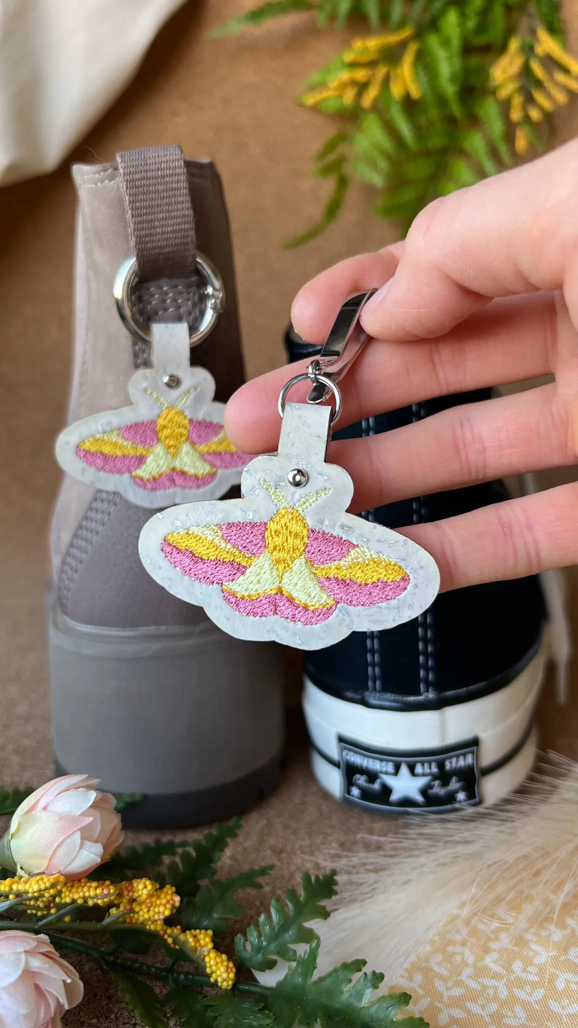 Rosy Maple Moth Shoe Accessory | Embroidered Pull Loop Boot Charm, Shoe Charm, High Top Sneaker Clip or Boot Clip