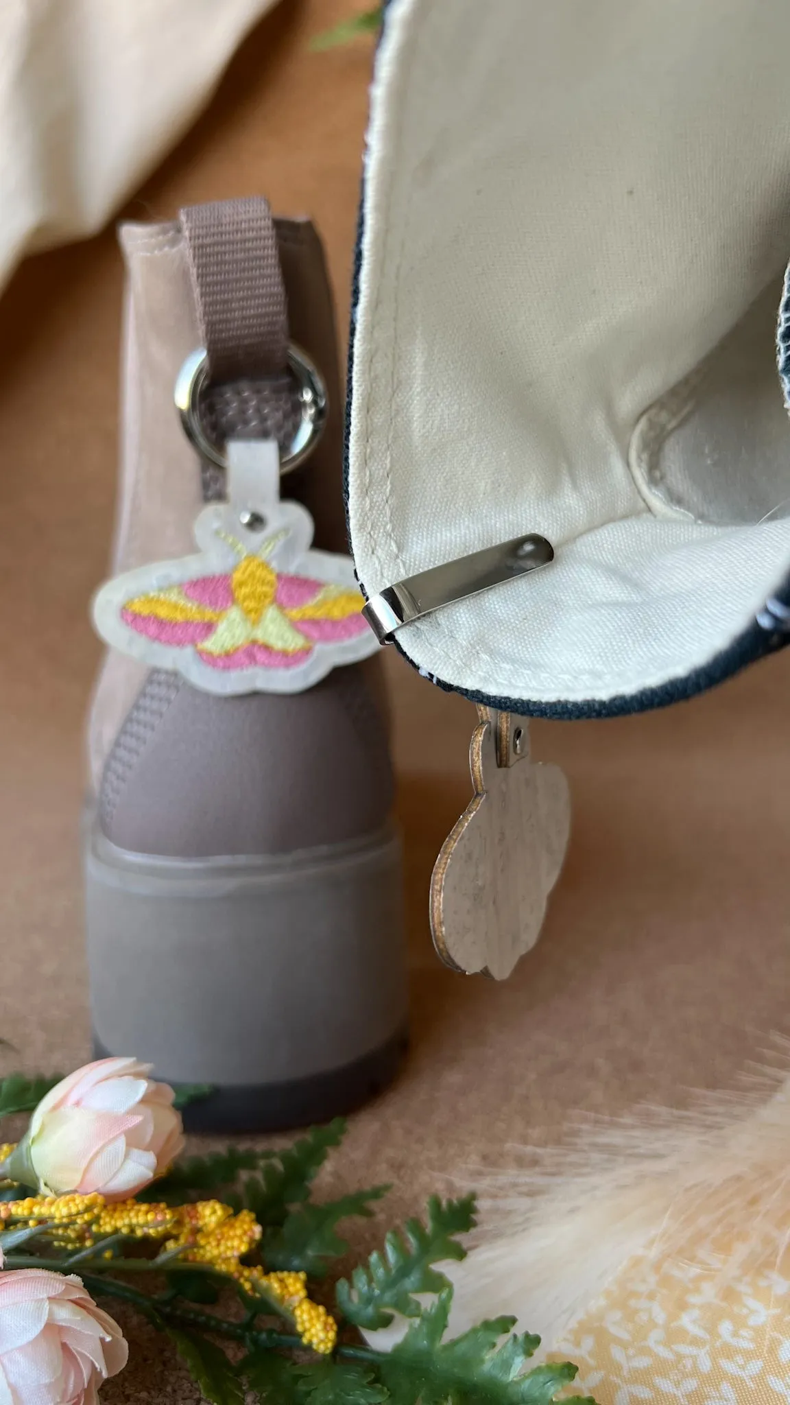 Rosy Maple Moth Shoe Accessory | Embroidered Pull Loop Boot Charm, Shoe Charm, High Top Sneaker Clip or Boot Clip