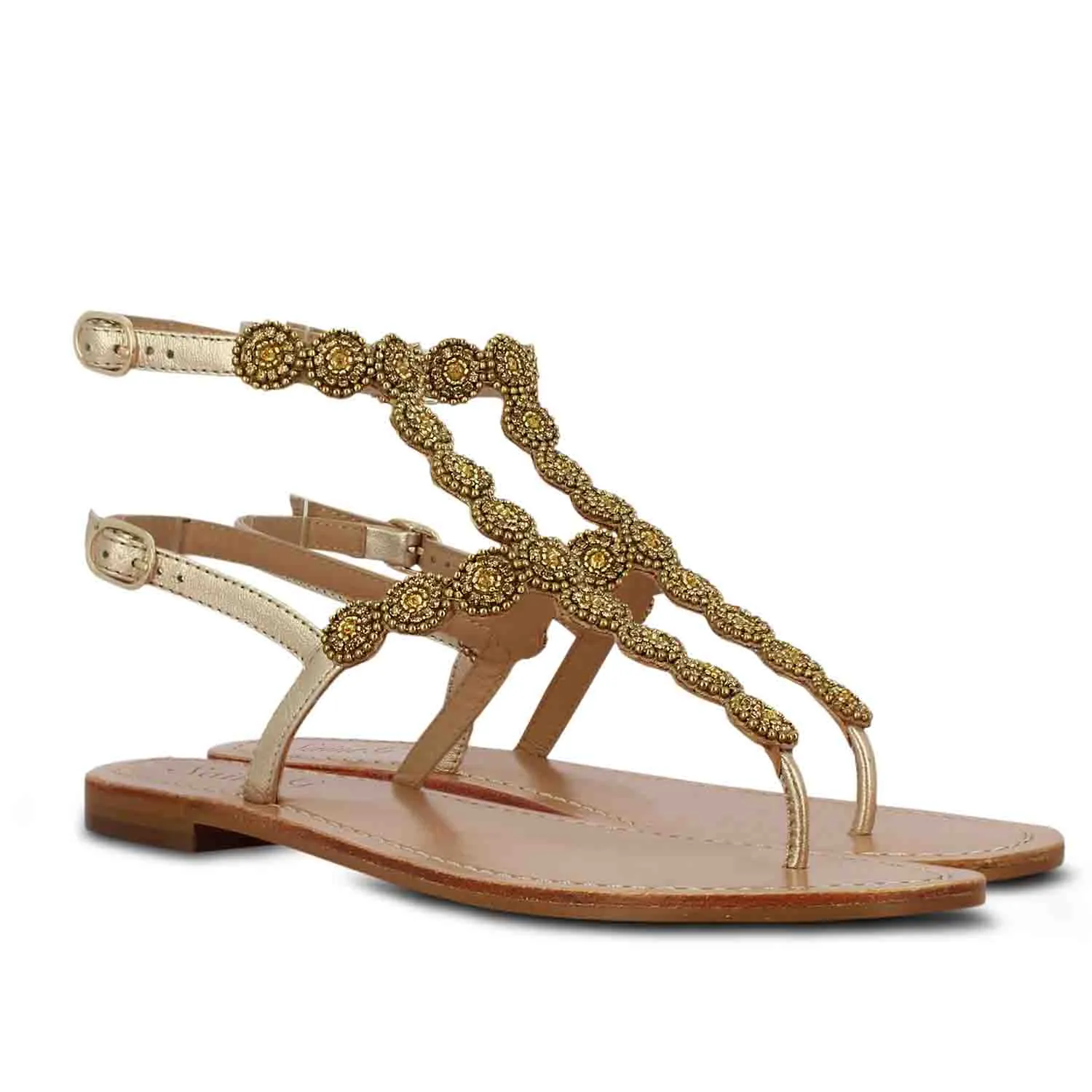 Saint Azzurra Hand Embroidered Platin Leather Sandals