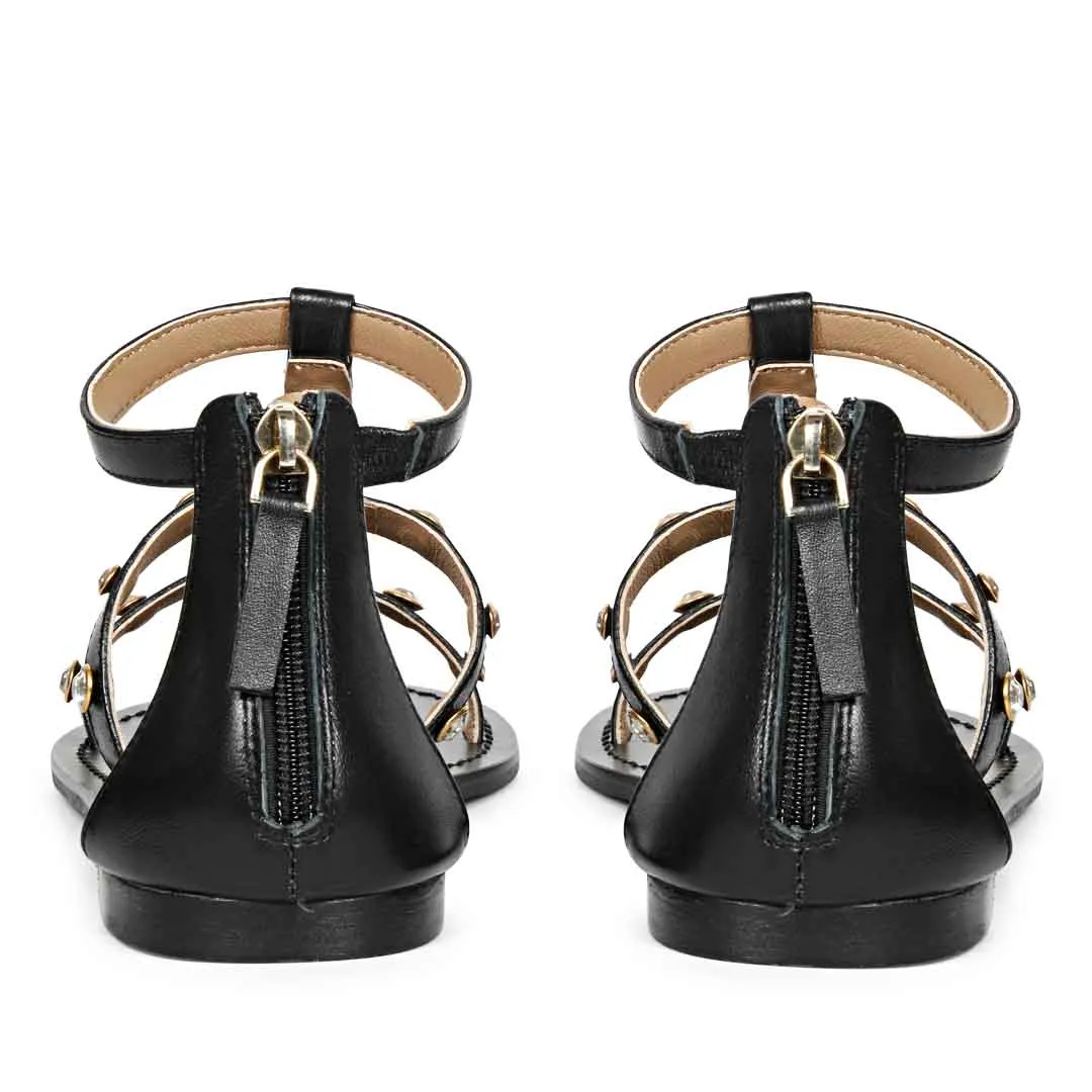 Saint Dion Crystal Stone Studded Black Leather Sandals