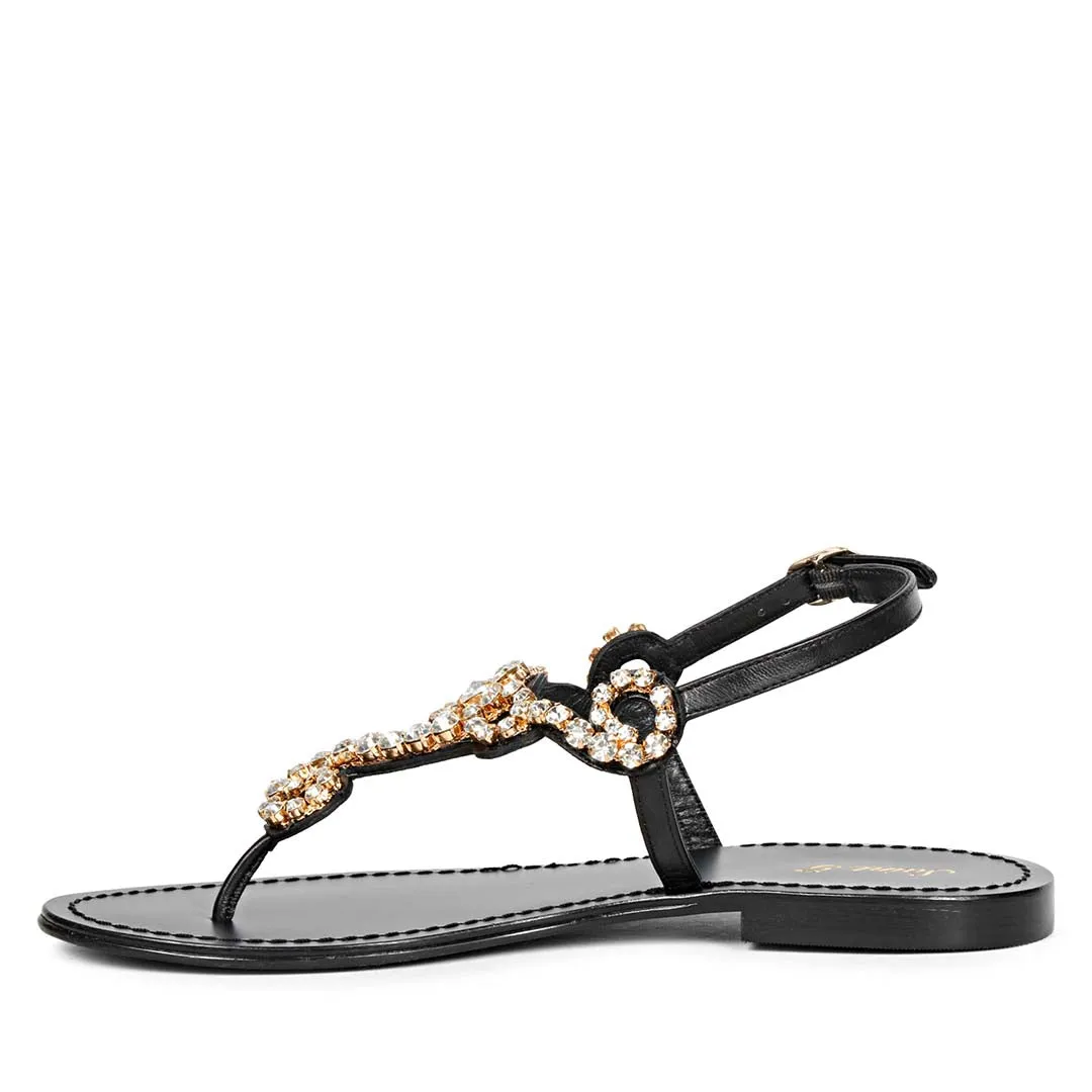 Saint Kaia Transparent Stone Black Leather Sandals