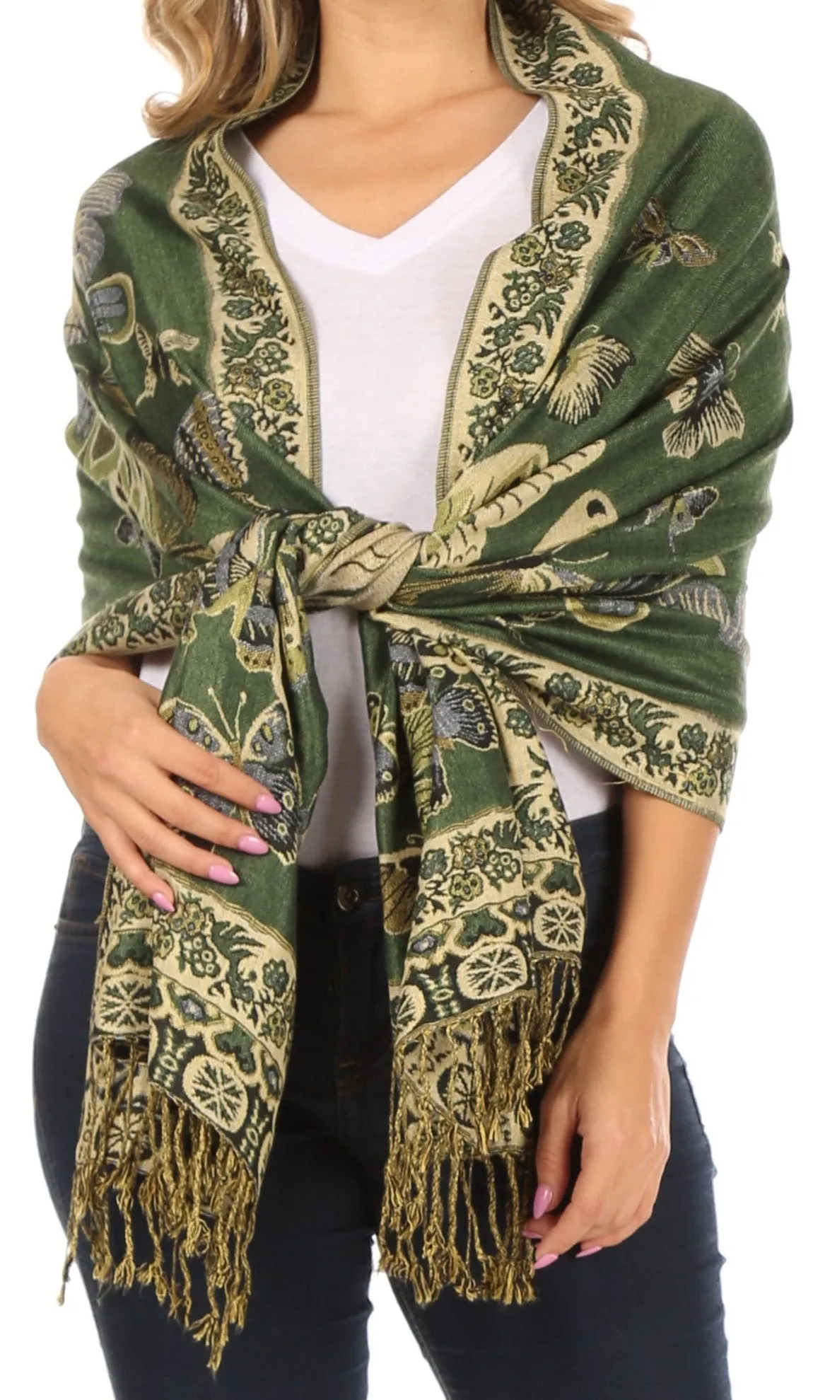 Sakkas Liua Long Wide Woven Patterned Design Multi Colored Pashmina Shawl / Scarf