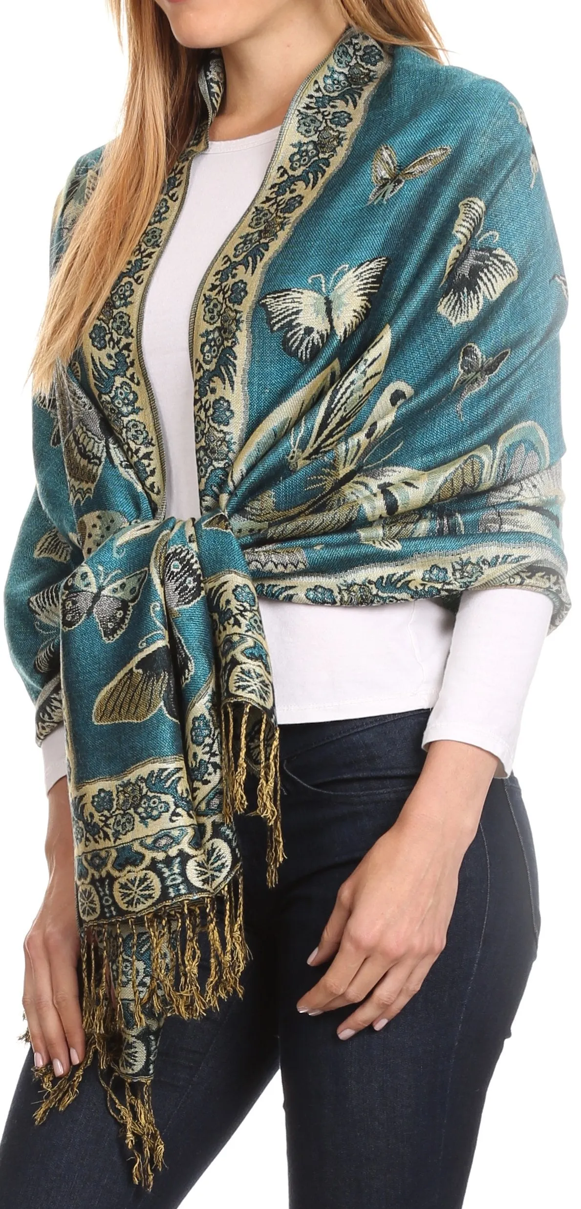 Sakkas Liua Long Wide Woven Patterned Design Multi Colored Pashmina Shawl / Scarf