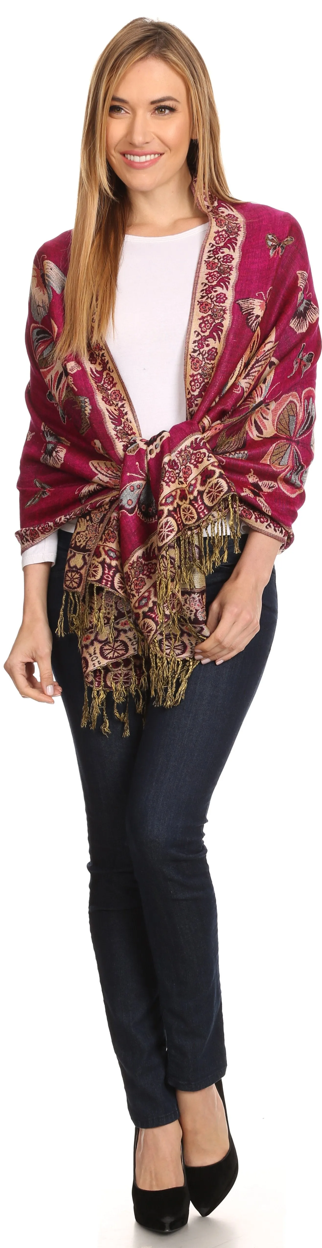 Sakkas Liua Long Wide Woven Patterned Design Multi Colored Pashmina Shawl / Scarf