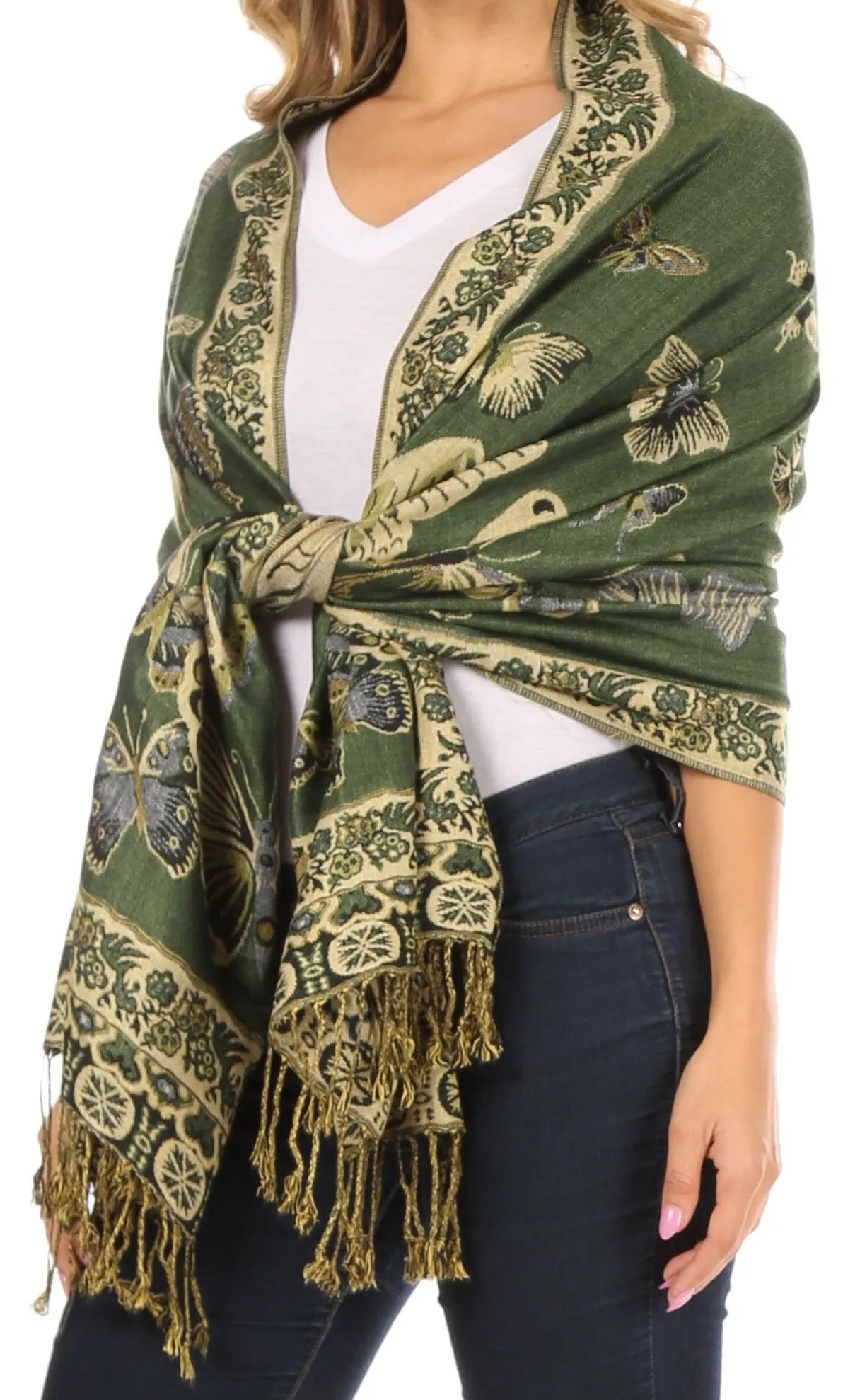 Sakkas Liua Long Wide Woven Patterned Design Multi Colored Pashmina Shawl / Scarf