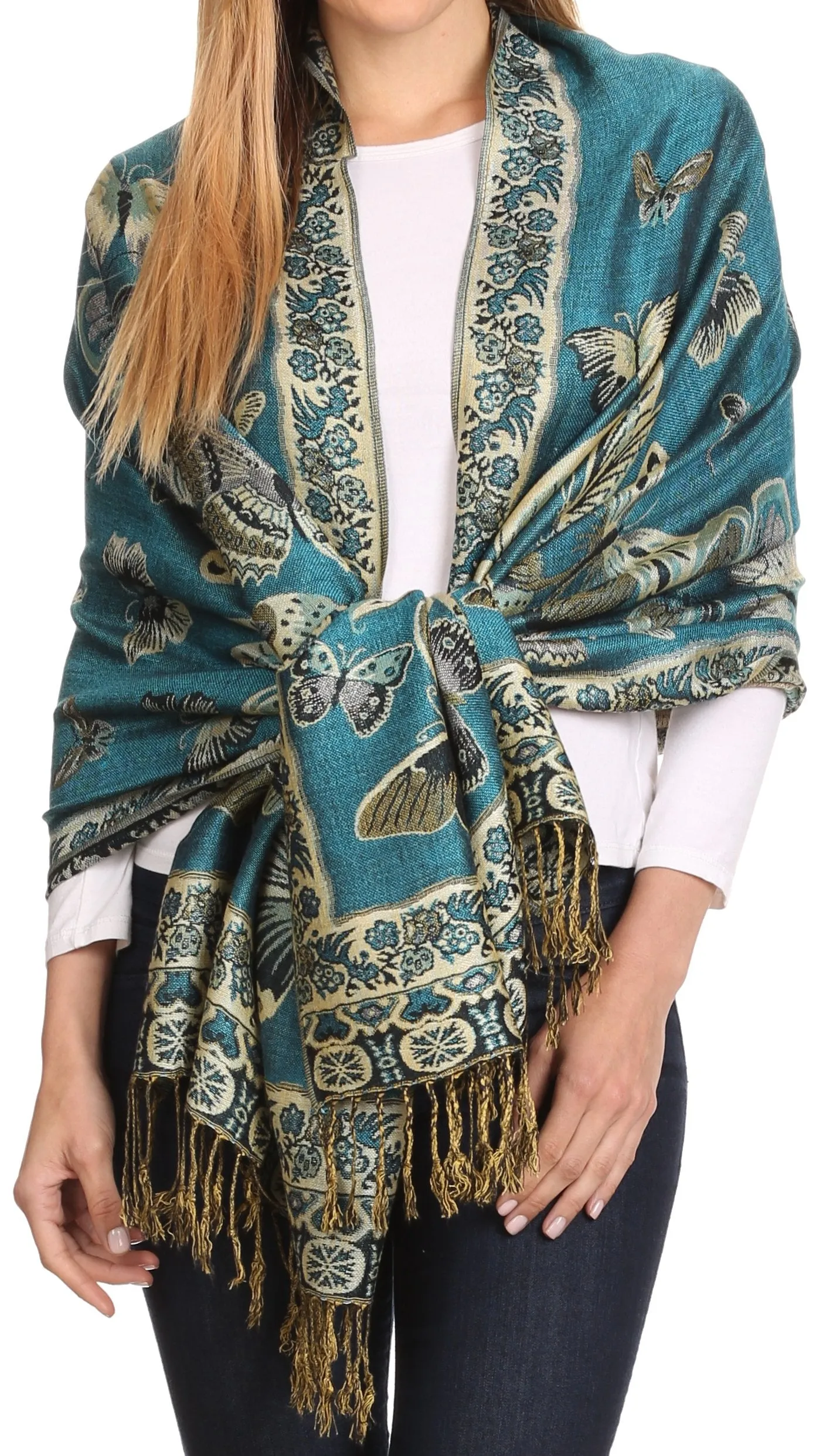 Sakkas Liua Long Wide Woven Patterned Design Multi Colored Pashmina Shawl / Scarf