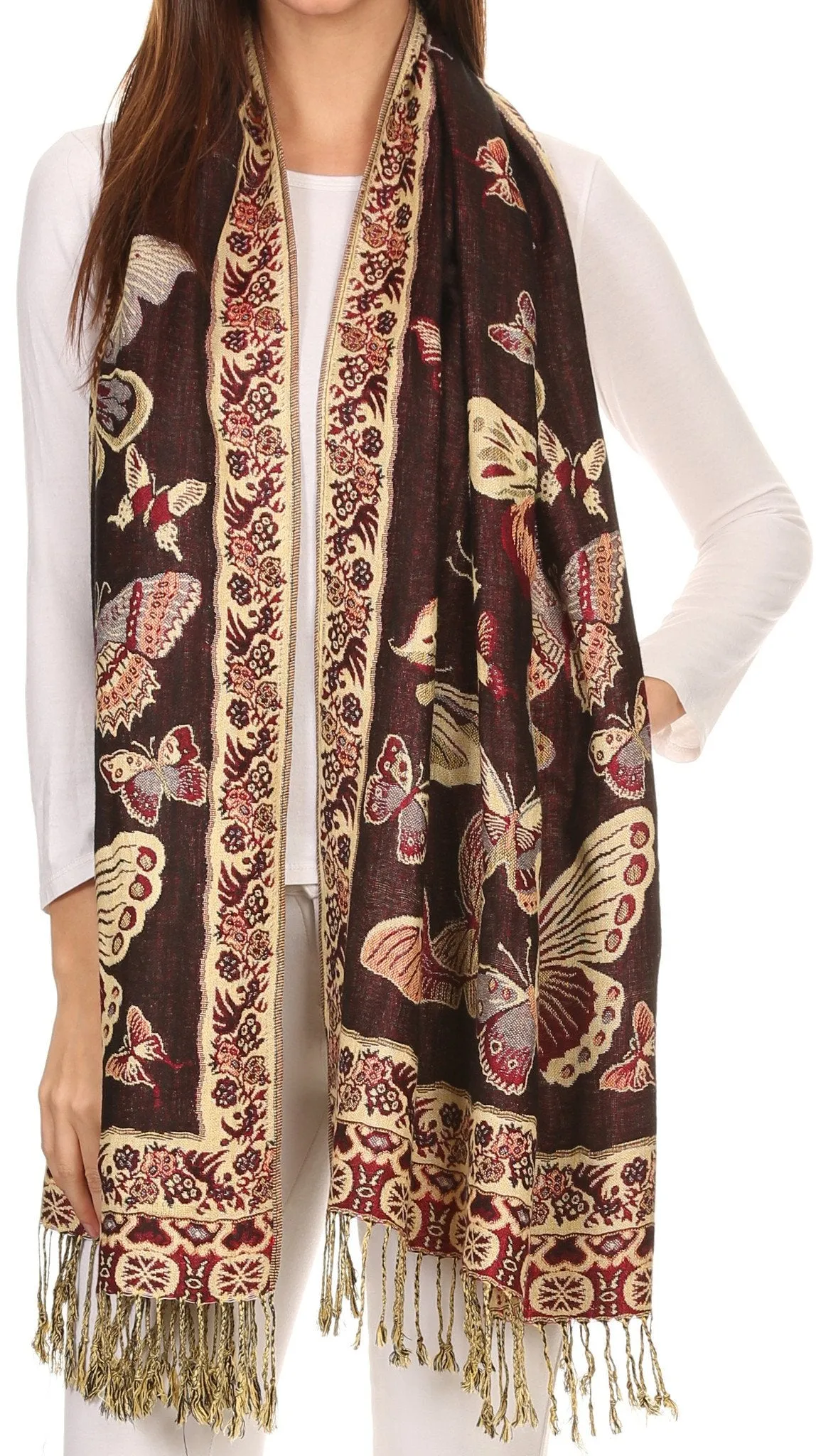 Sakkas Liua Long Wide Woven Patterned Design Multi Colored Pashmina Shawl / Scarf