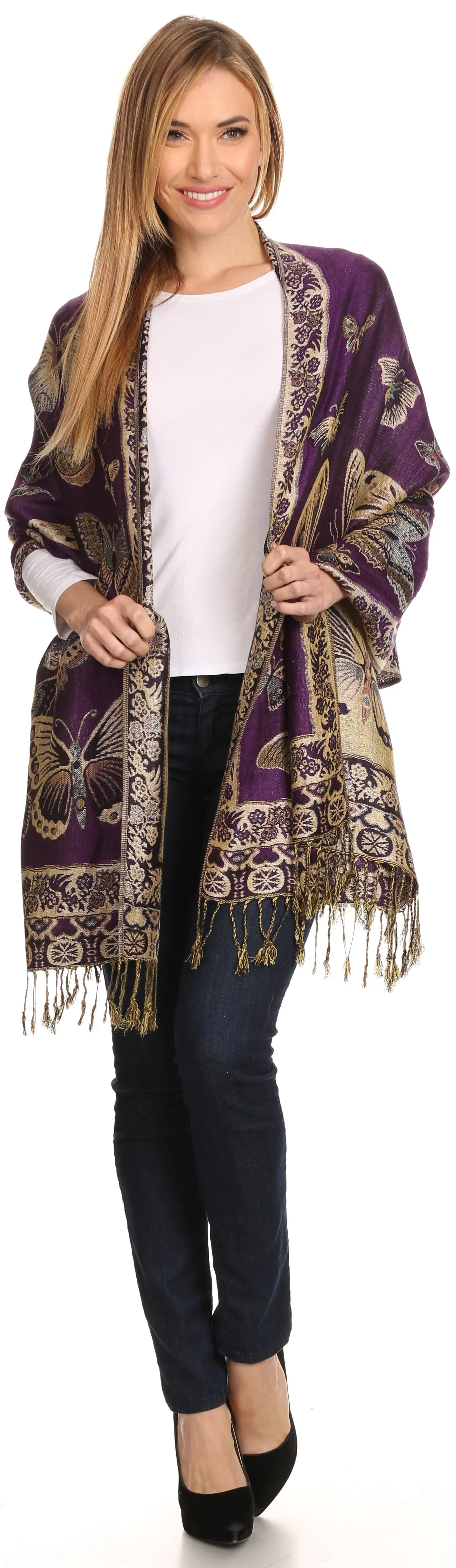 Sakkas Liua Long Wide Woven Patterned Design Multi Colored Pashmina Shawl / Scarf