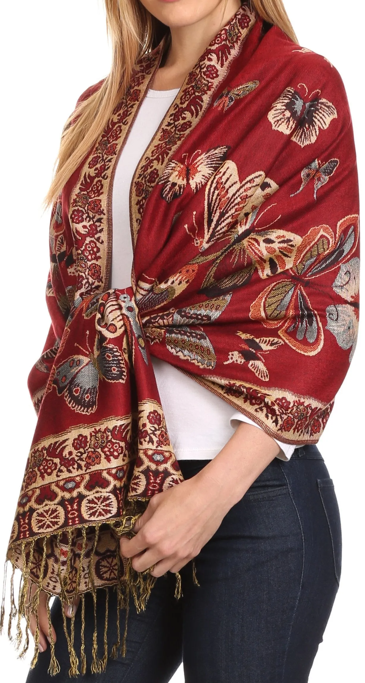 Sakkas Liua Long Wide Woven Patterned Design Multi Colored Pashmina Shawl / Scarf