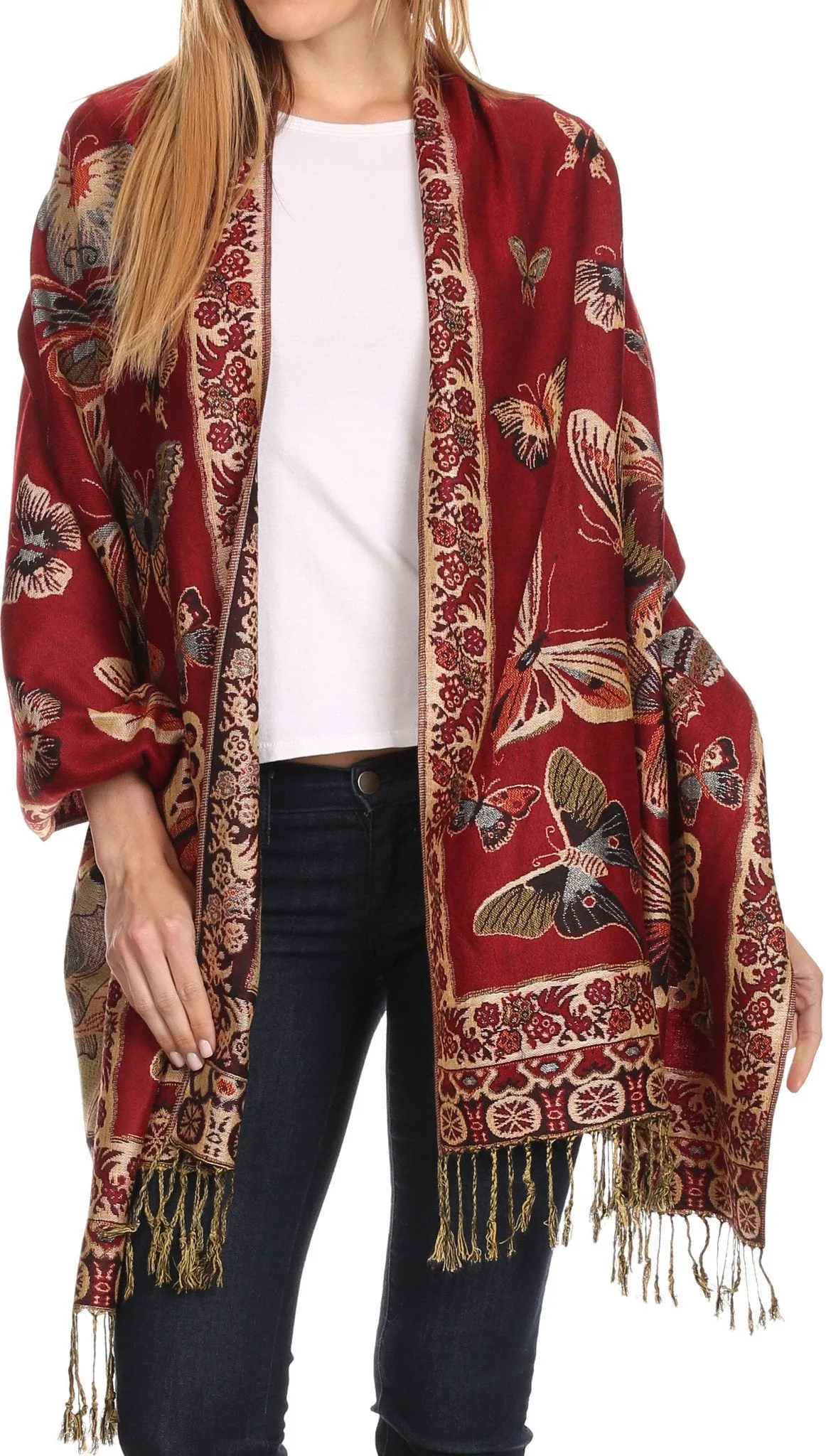 Sakkas Liua Long Wide Woven Patterned Design Multi Colored Pashmina Shawl / Scarf