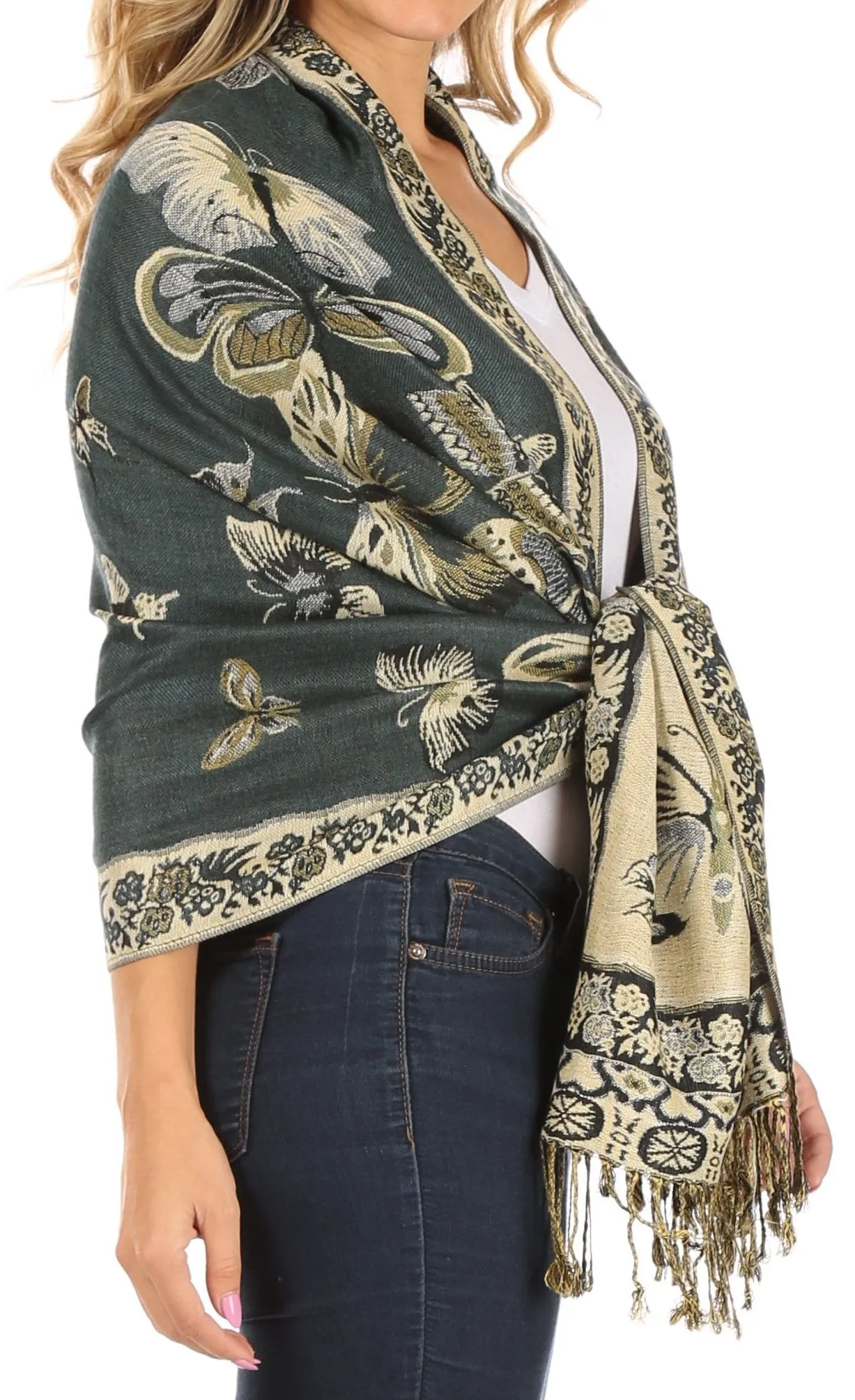 Sakkas Liua Long Wide Woven Patterned Design Multi Colored Pashmina Shawl / Scarf