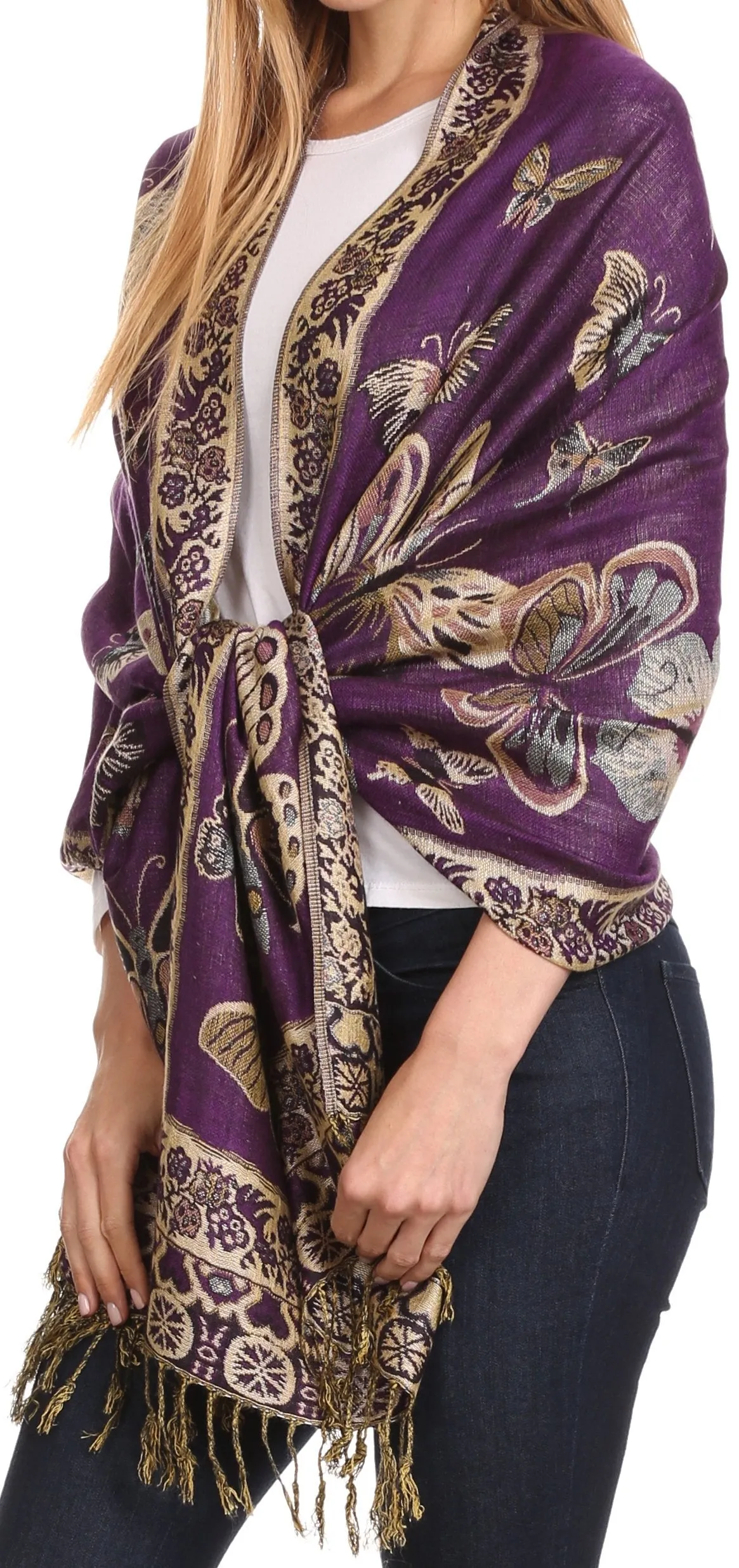 Sakkas Liua Long Wide Woven Patterned Design Multi Colored Pashmina Shawl / Scarf