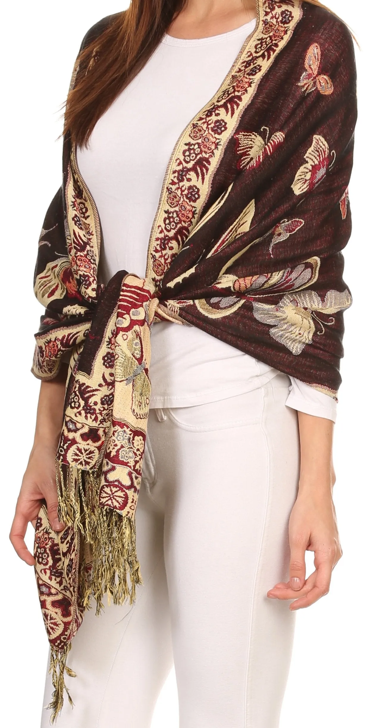 Sakkas Liua Long Wide Woven Patterned Design Multi Colored Pashmina Shawl / Scarf