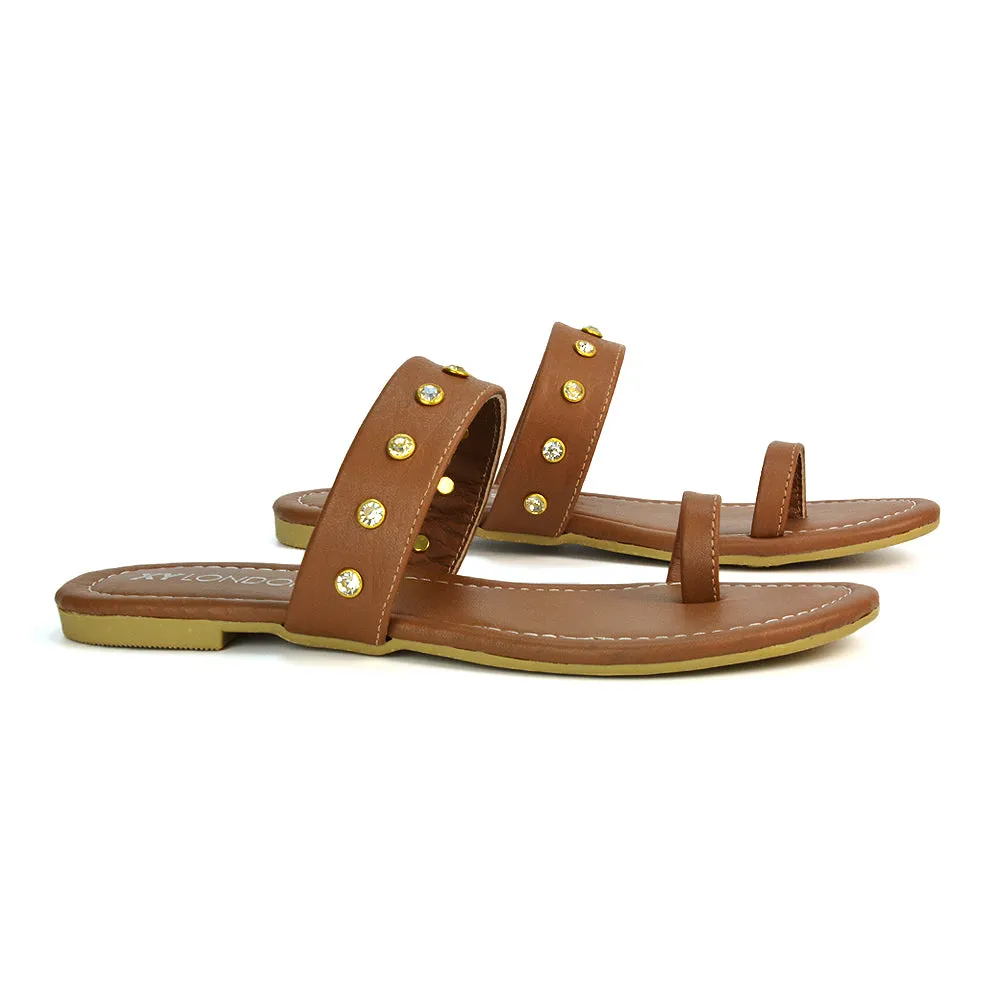 Sammie Slip On Toe Post Flat Heel Diamante Leather Summer Sandal Slides in Brown