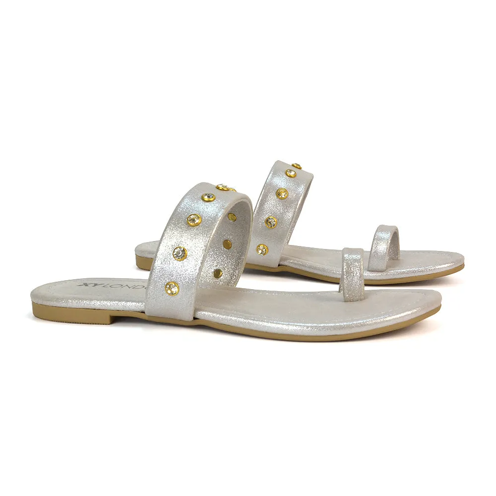 Sammie Slip On Toe Post Flat Heel Diamante Leather Summer Sandal Slides in Brown