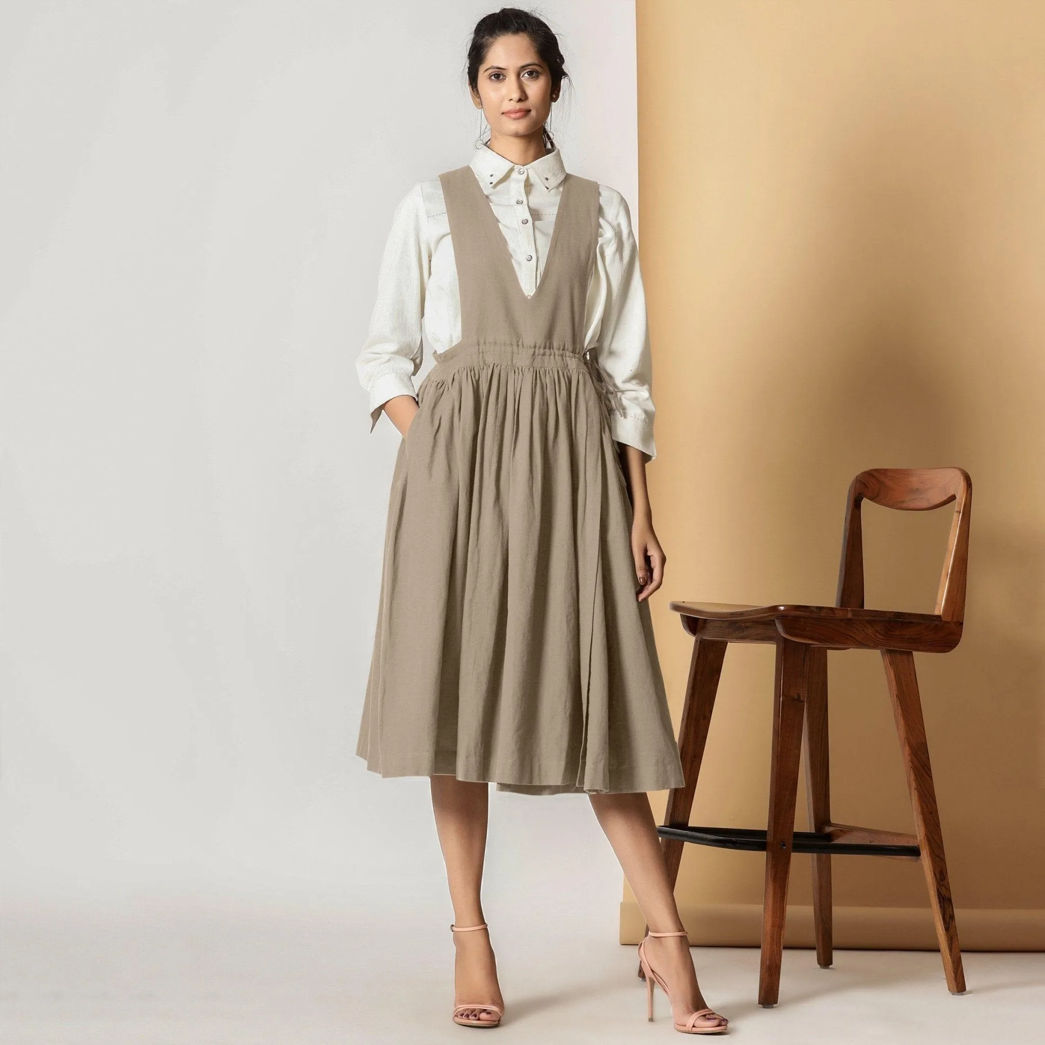 Sand Beige Cotton Flax Pinafore Midi Wrap Dress