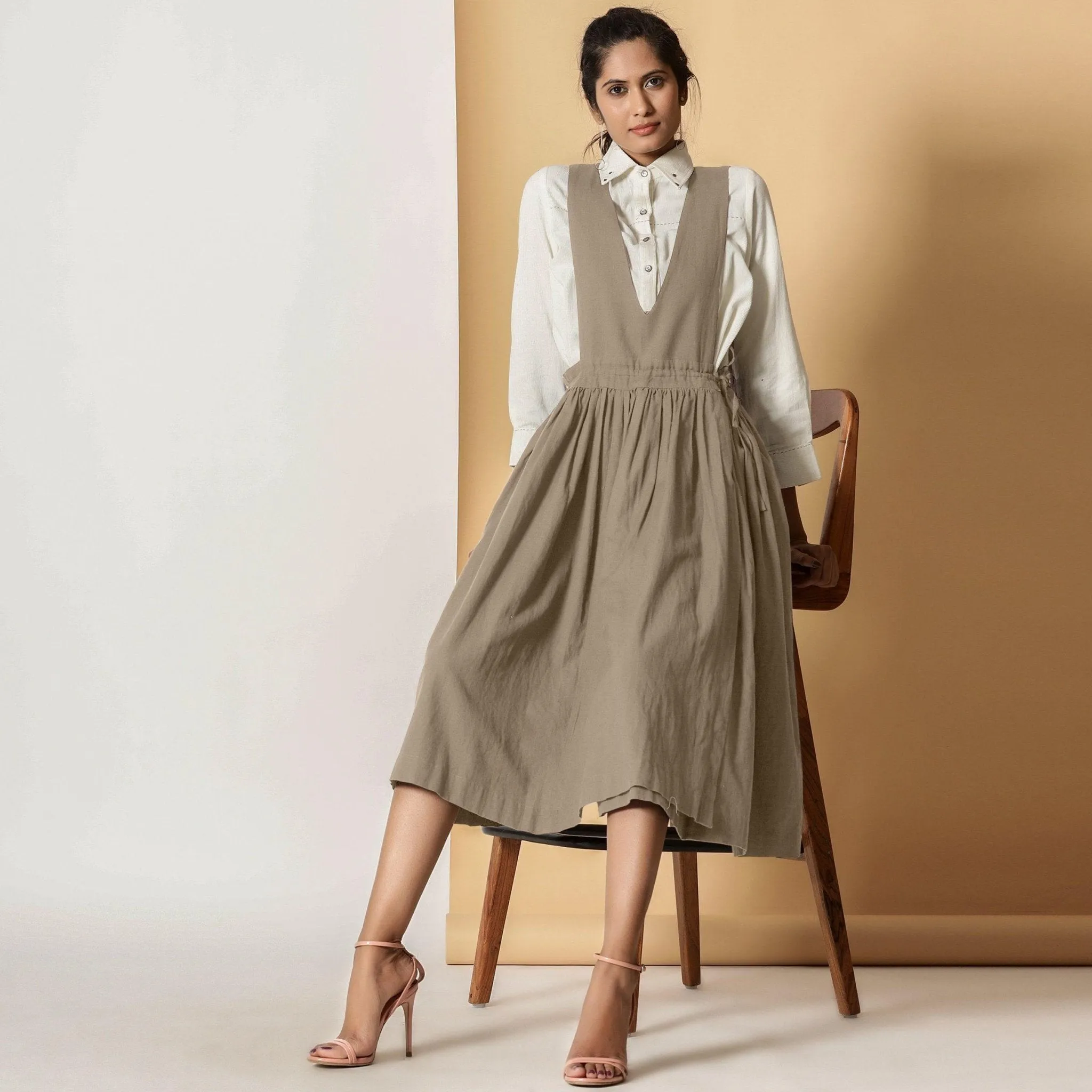 Sand Beige Cotton Flax Pinafore Midi Wrap Dress