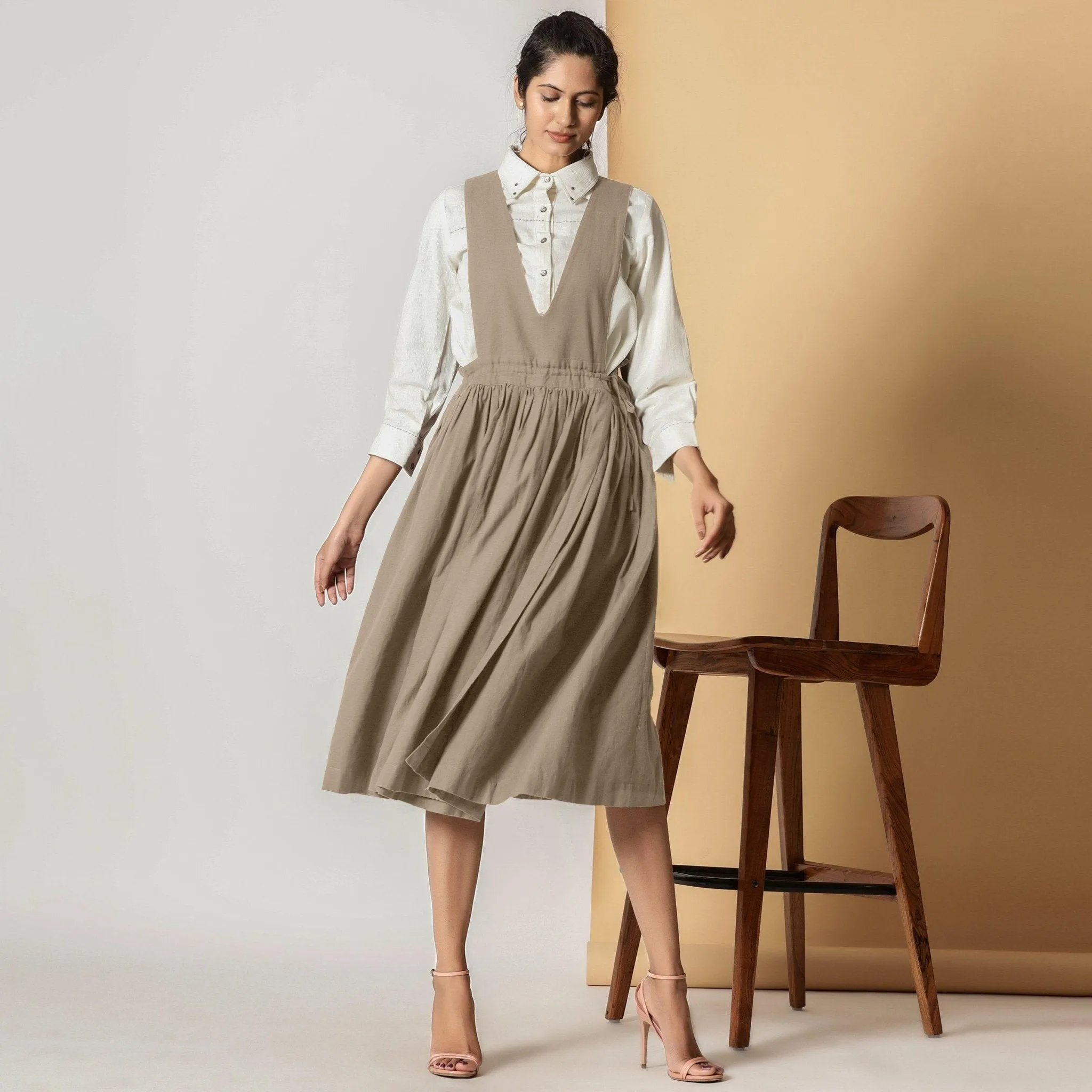 Sand Beige Cotton Flax Pinafore Midi Wrap Dress