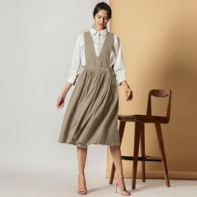 Sand Beige Cotton Flax Pinafore Midi Wrap Dress