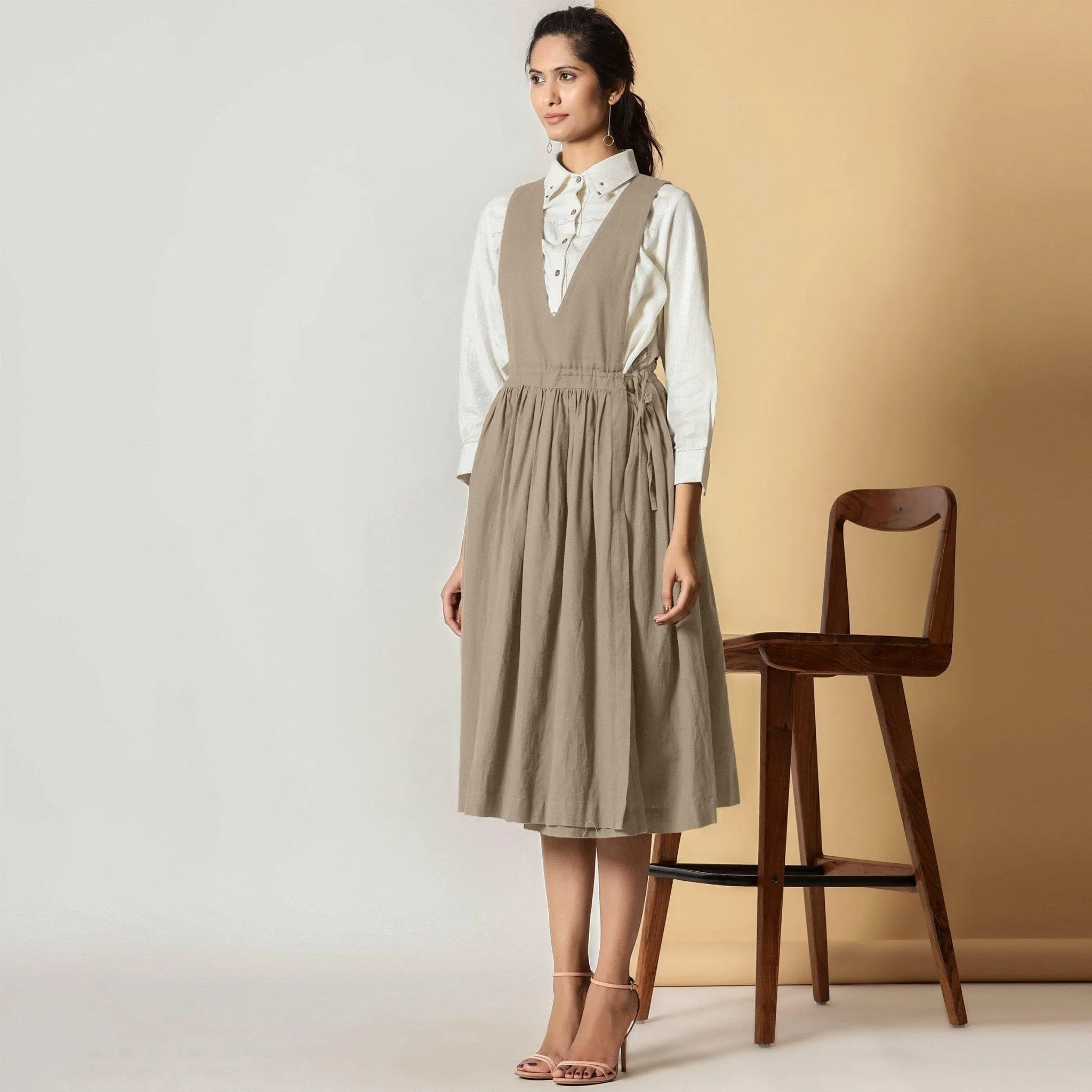 Sand Beige Cotton Flax Pinafore Midi Wrap Dress