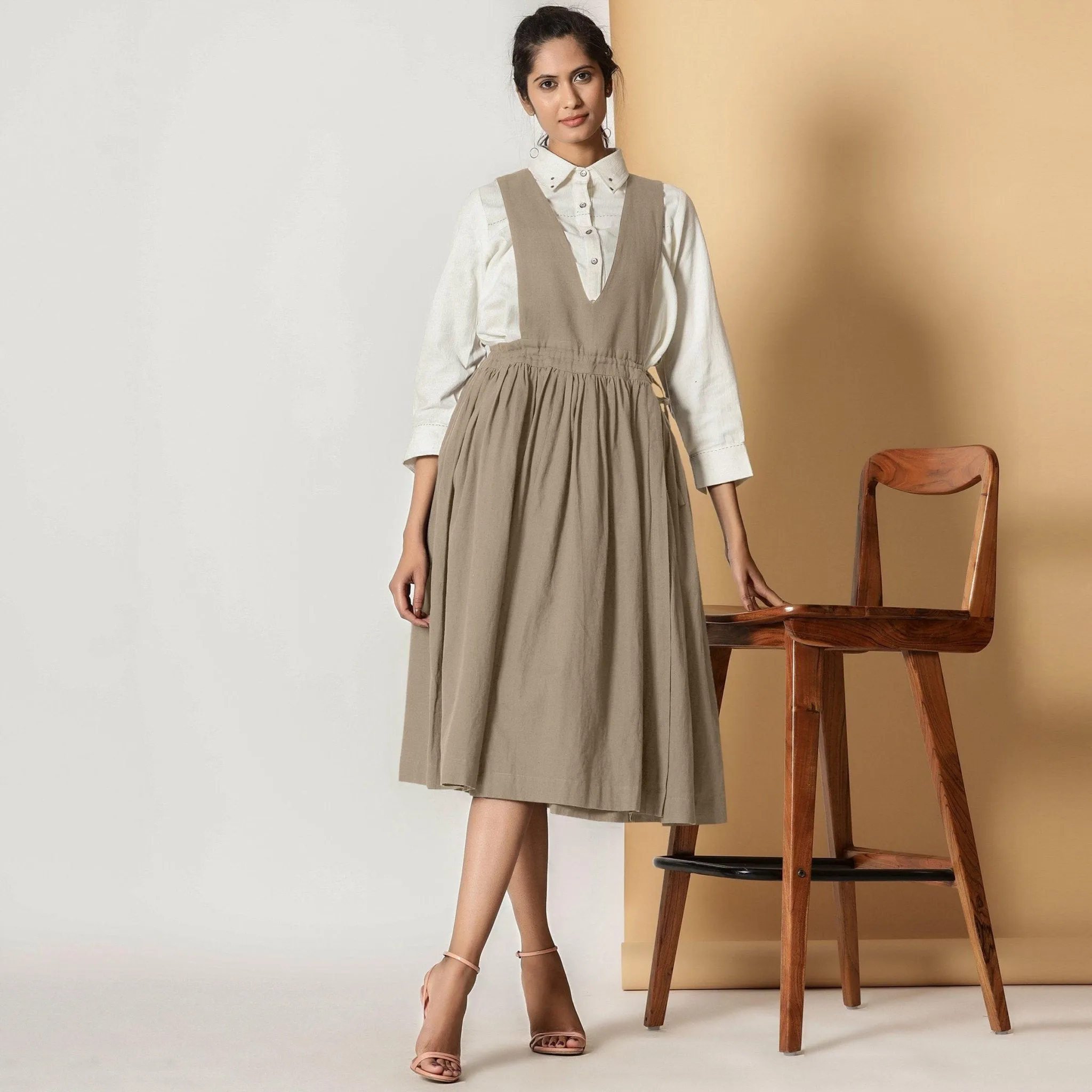 Sand Beige Cotton Flax Pinafore Midi Wrap Dress