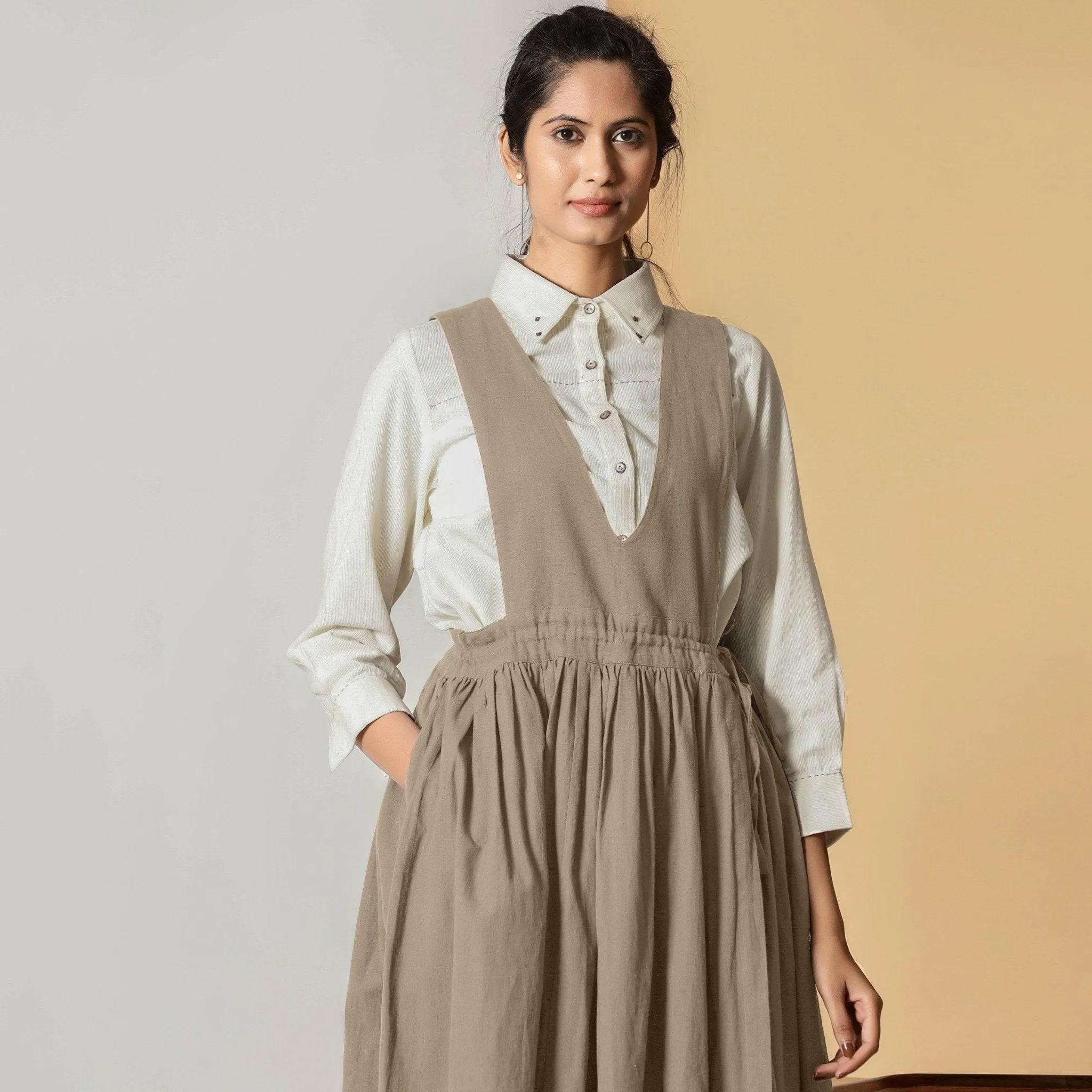 Sand Beige Cotton Flax Pinafore Midi Wrap Dress