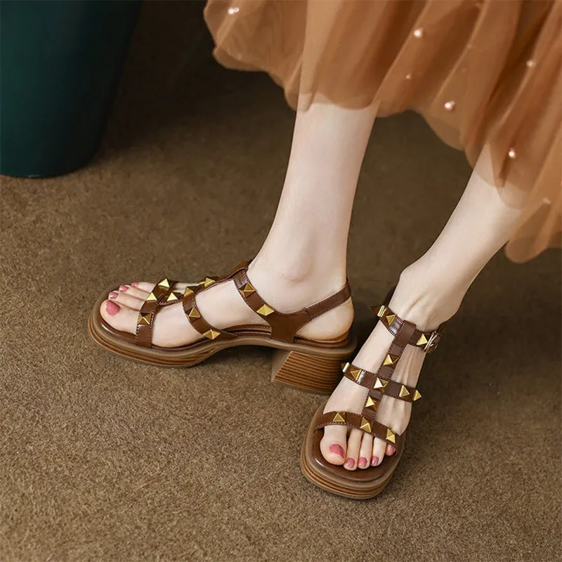 Sheepskin Rivet 67mm Block Heel Gladiator Sandals in White/Brown