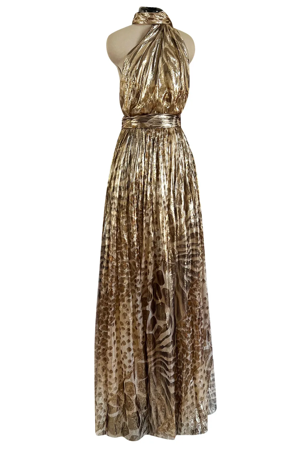 Spring 2012 Salvatore Ferragamo Runway Metallic Gold Silk Chiffon Animal Print Dress