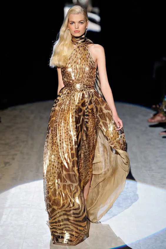 Spring 2012 Salvatore Ferragamo Runway Metallic Gold Silk Chiffon Animal Print Dress