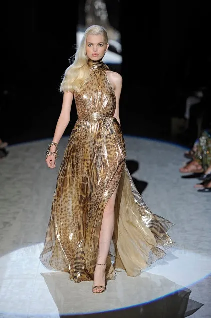 Spring 2012 Salvatore Ferragamo Runway Metallic Gold Silk Chiffon Animal Print Dress