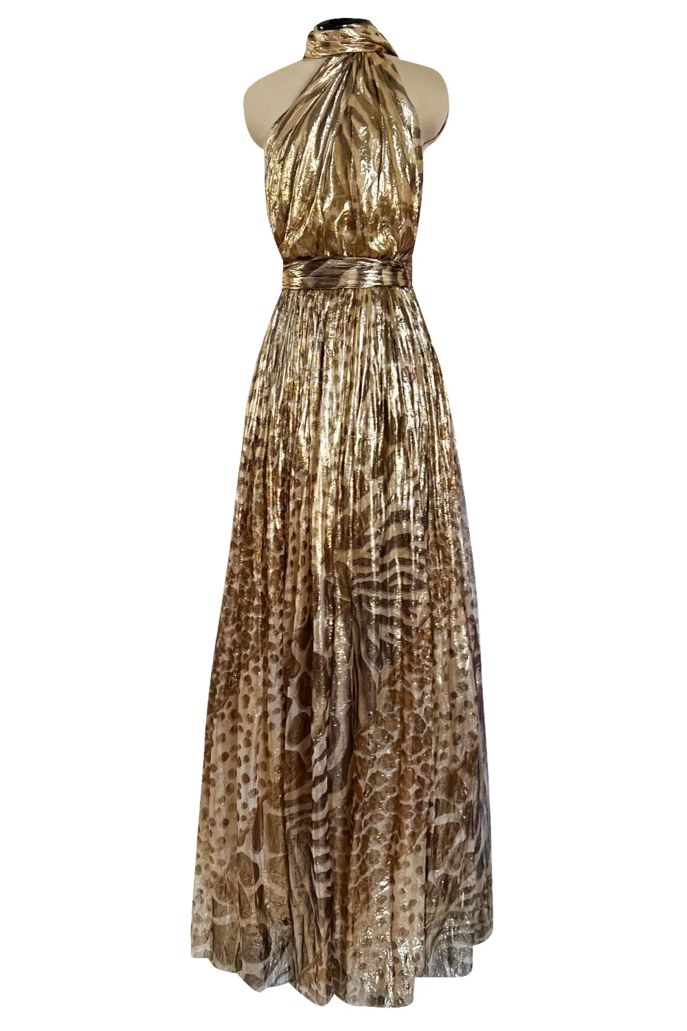 Spring 2012 Salvatore Ferragamo Runway Metallic Gold Silk Chiffon Animal Print Dress