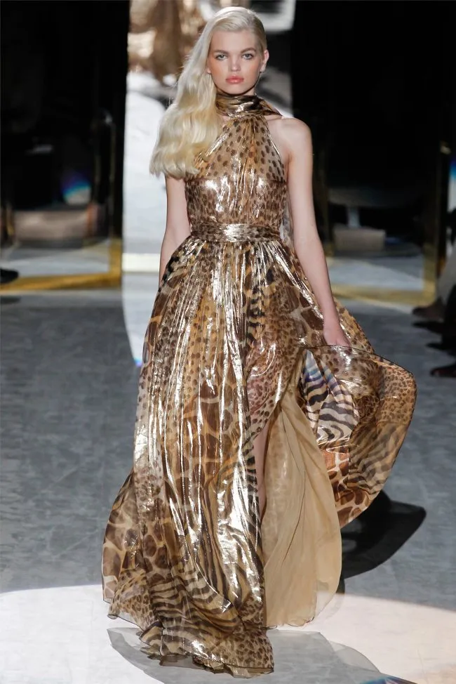 Spring 2012 Salvatore Ferragamo Runway Metallic Gold Silk Chiffon Animal Print Dress