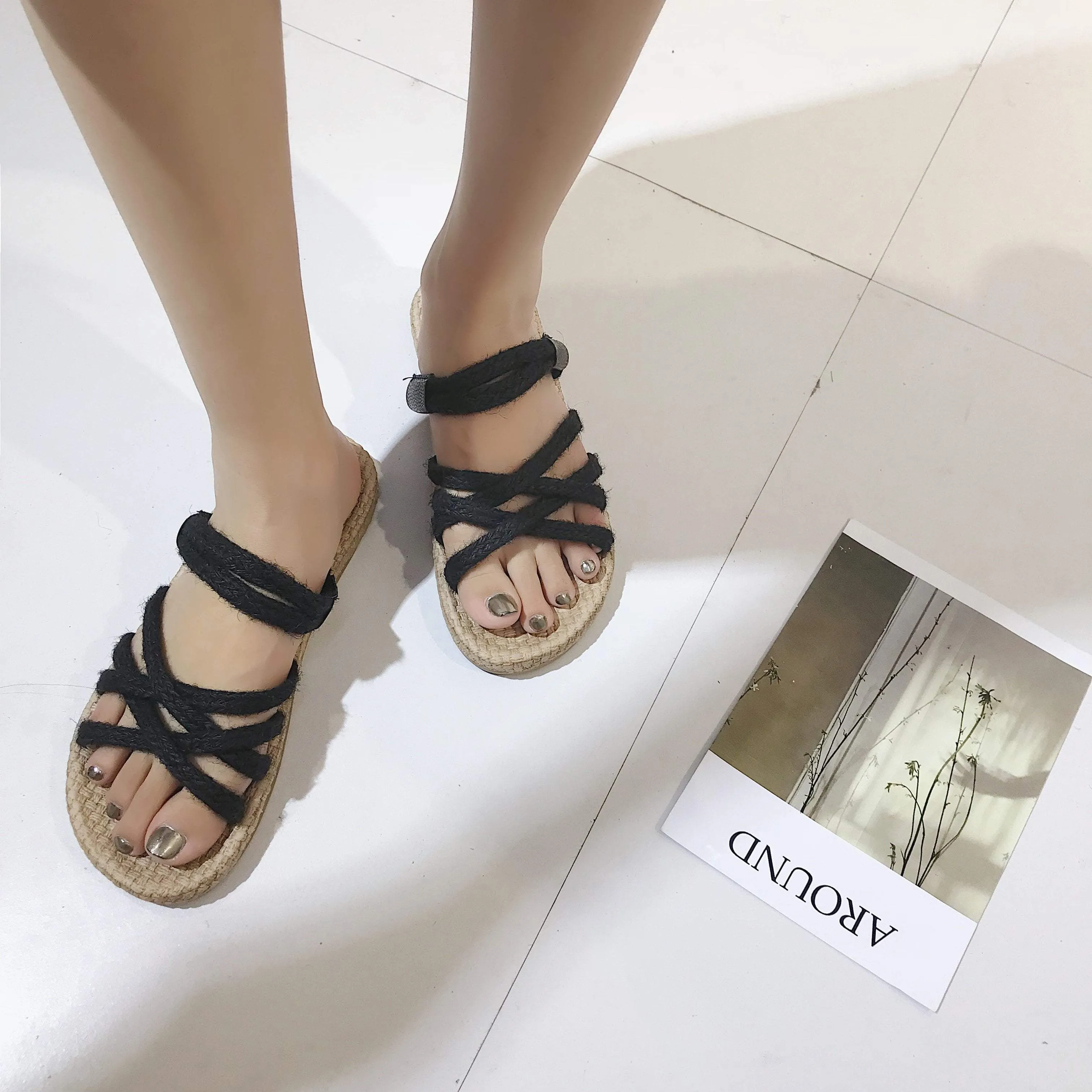 Straw Black Beige Summer Gladiator Flat Sandals