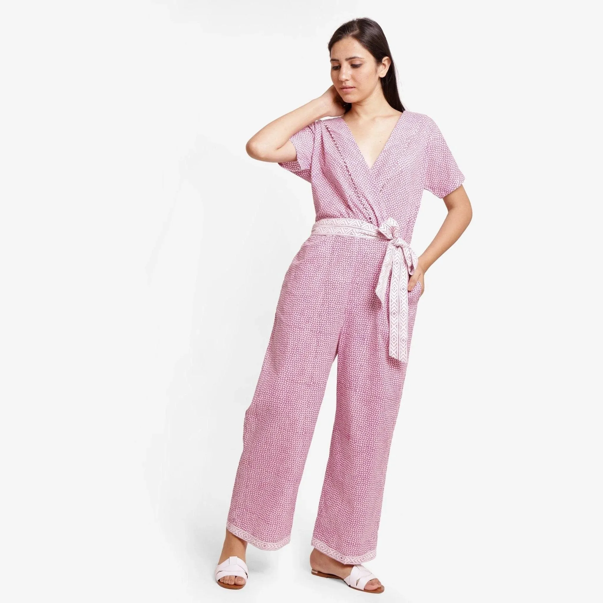 Wine Block Printed Cotton Ankle Length Wrap Jumpsuit