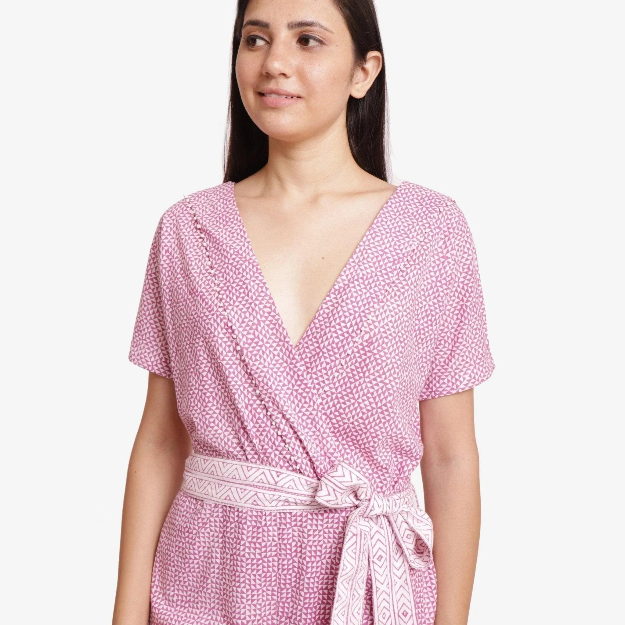 Wine Block Printed Cotton Ankle Length Wrap Jumpsuit