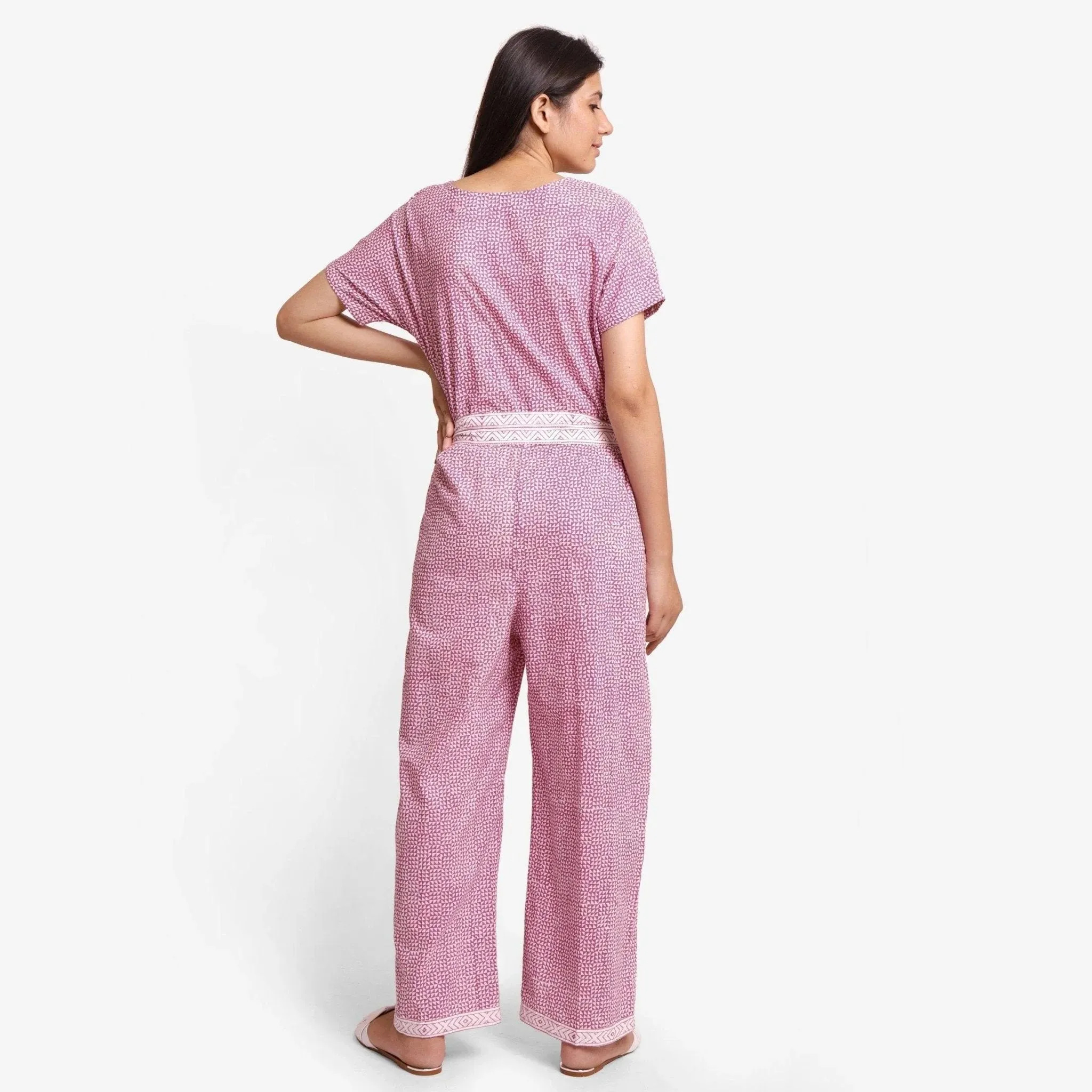 Wine Block Printed Cotton Ankle Length Wrap Jumpsuit