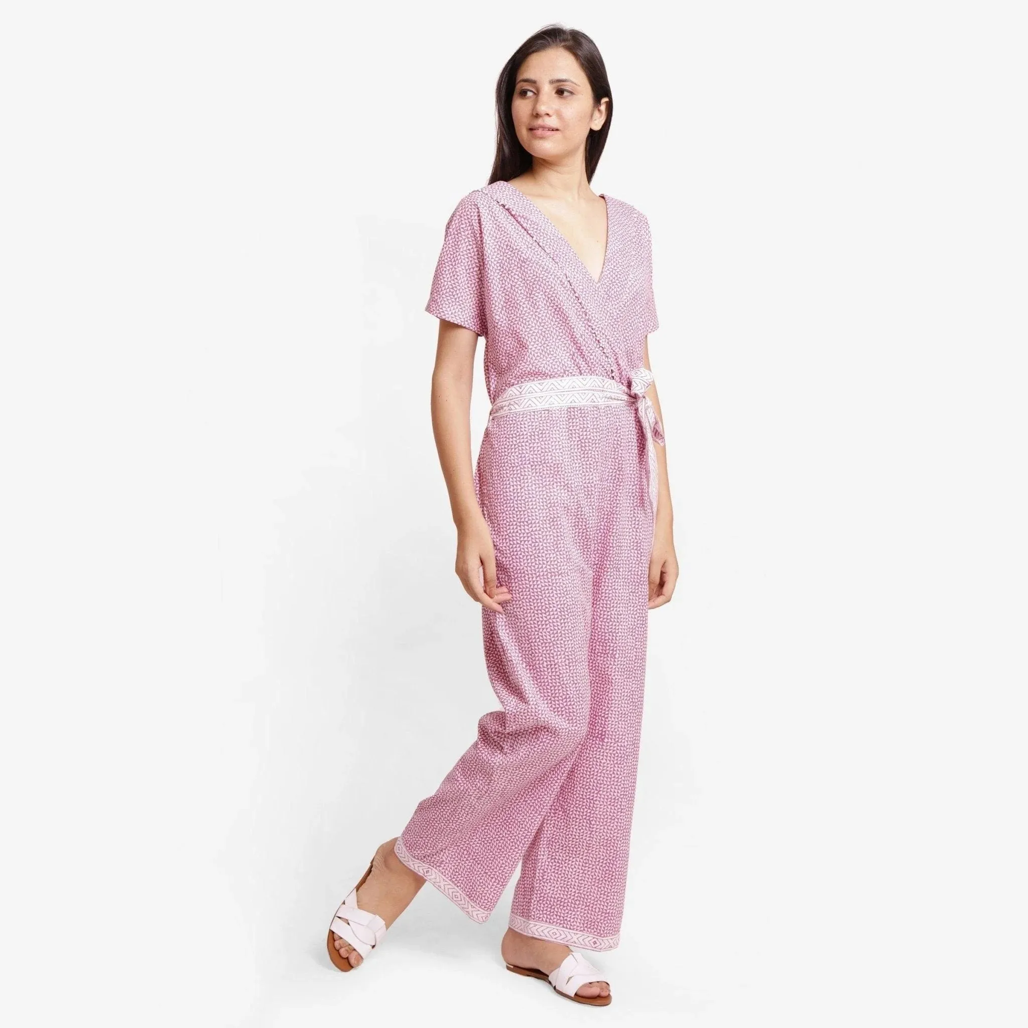 Wine Block Printed Cotton Ankle Length Wrap Jumpsuit