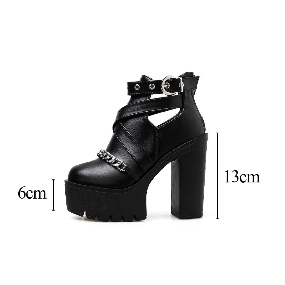 Women's Platform Ankle Boots with Chain from Front / Gothic Waterproof Platform High Heel Shoes