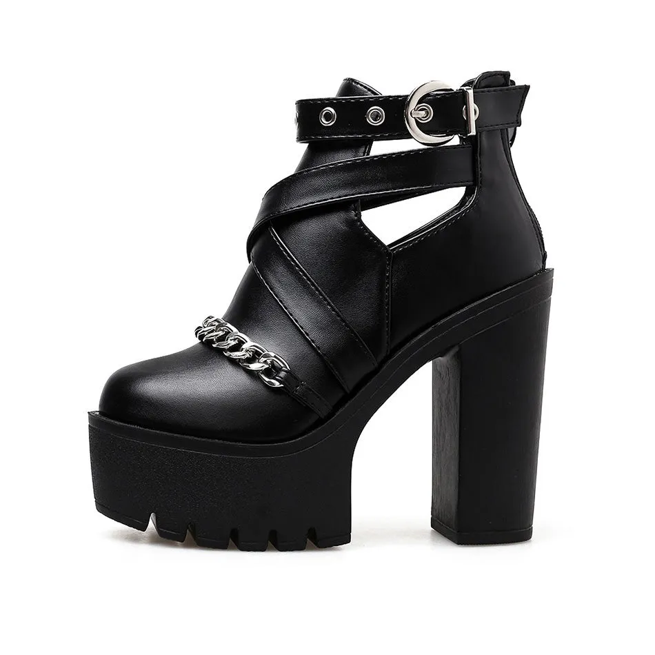 Women's Platform Ankle Boots with Chain from Front / Gothic Waterproof Platform High Heel Shoes