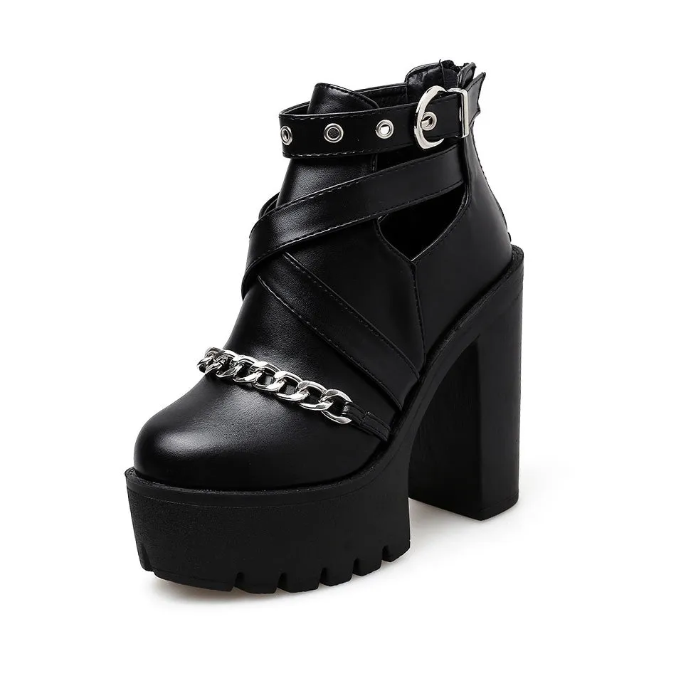 Women's Platform Ankle Boots with Chain from Front / Gothic Waterproof Platform High Heel Shoes