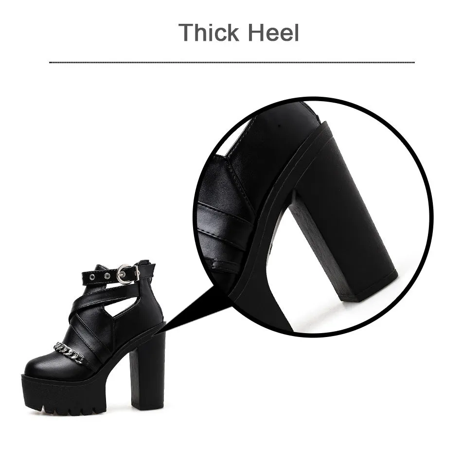 Women's Platform Ankle Boots with Chain from Front / Gothic Waterproof Platform High Heel Shoes