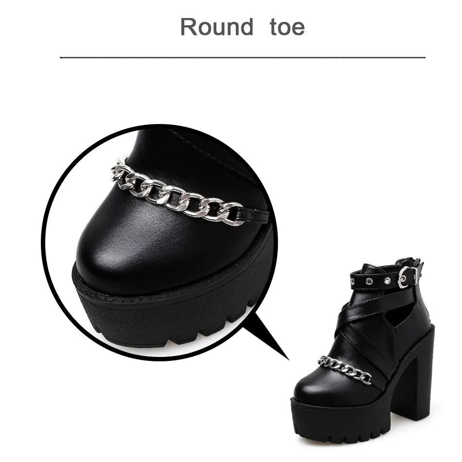 Women's Platform Ankle Boots with Chain from Front / Gothic Waterproof Platform High Heel Shoes