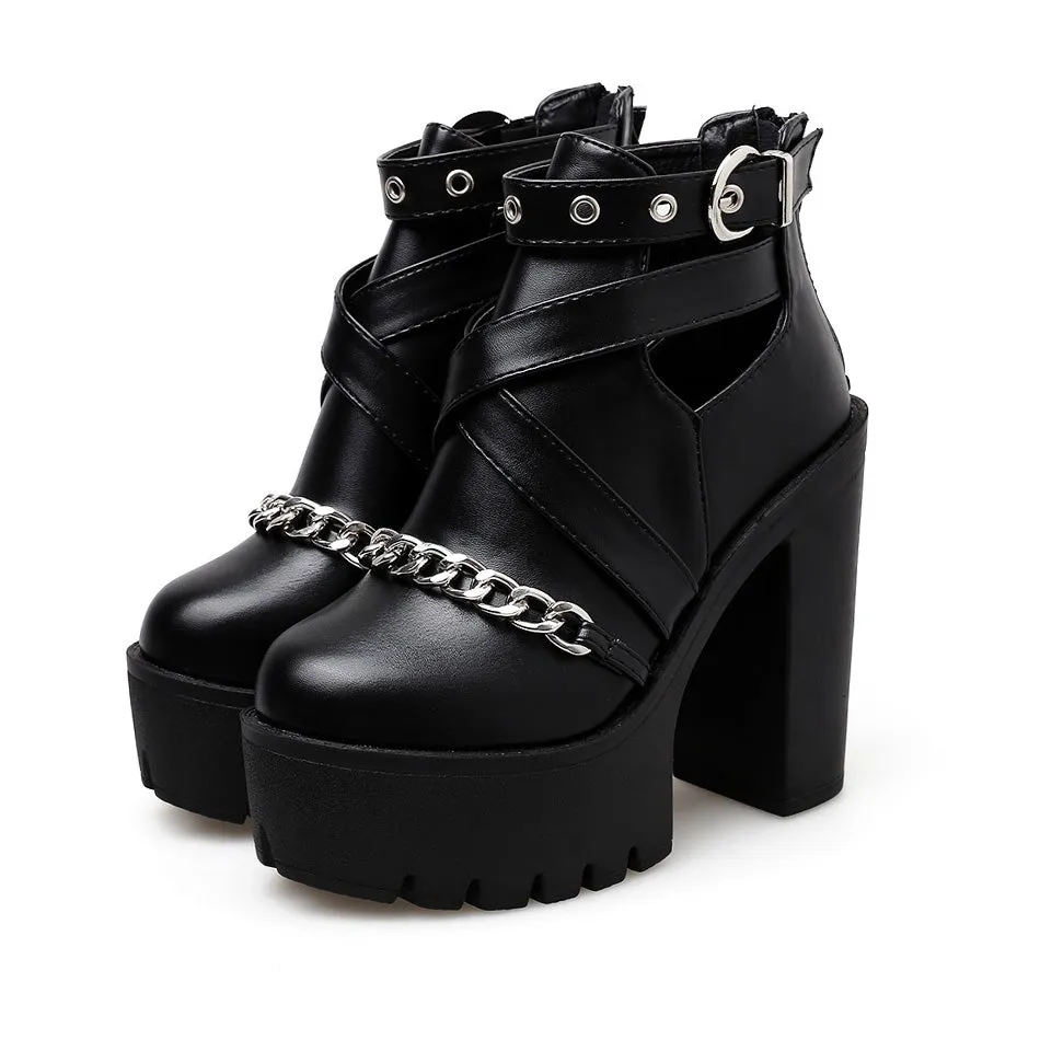 Women's Platform Ankle Boots with Chain from Front / Gothic Waterproof Platform High Heel Shoes