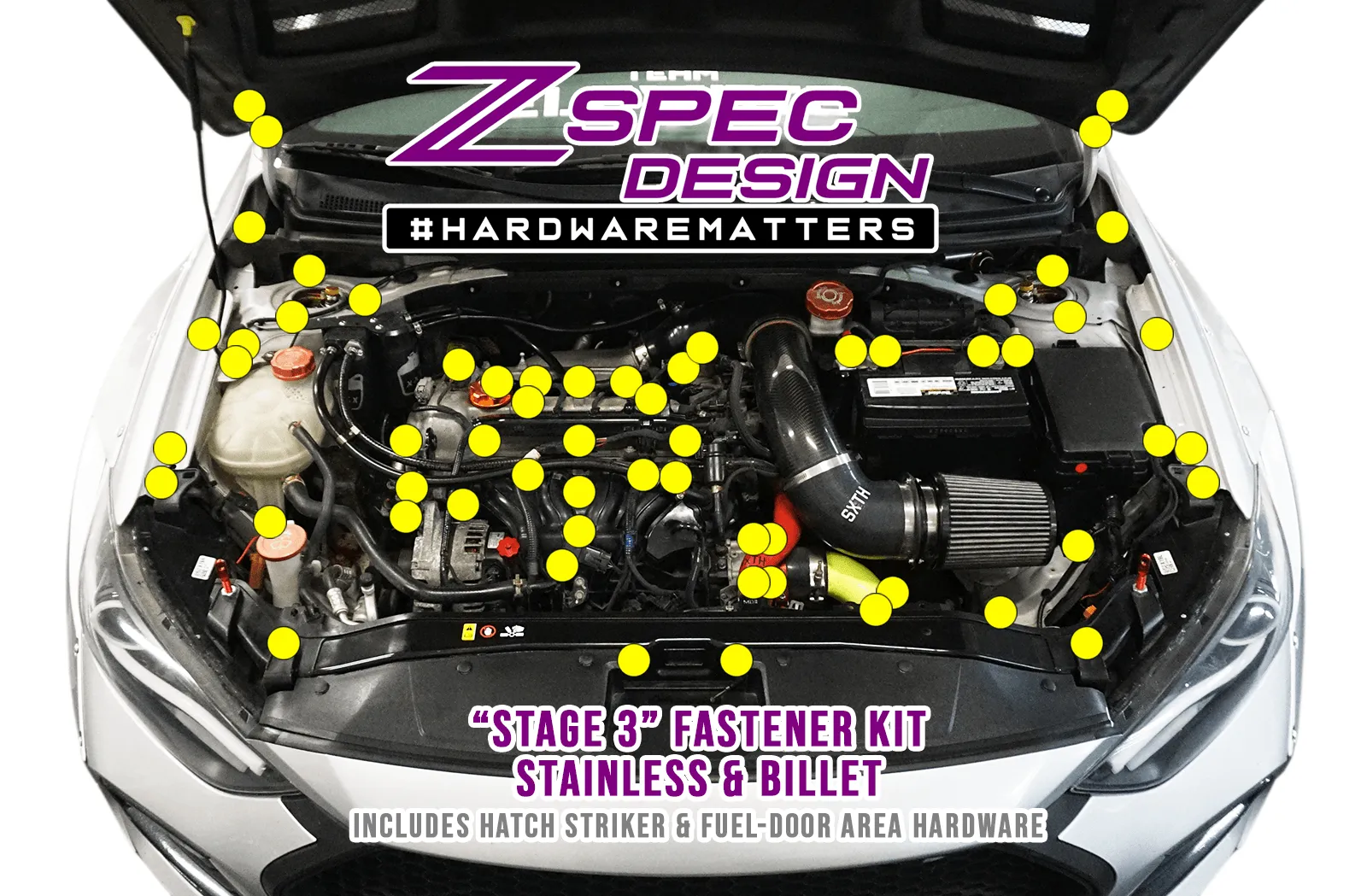 ZSPEC "Stage 3" Dress Up Bolts® Fastener Kit for '17-18 Hyundai Elantra, Stainless & Billet